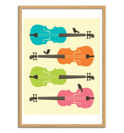 Art-Poster - Birds on cello strings - Jazzberry Blue - Cadre bois chêne