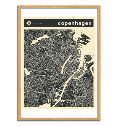 Art-Poster - Copenhagen Map - Jazzberry Blue - Cadre bois chêne