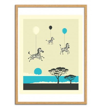 Art-Poster - Flock of zebras - Jazzberry Blue - Cadre bois chêne