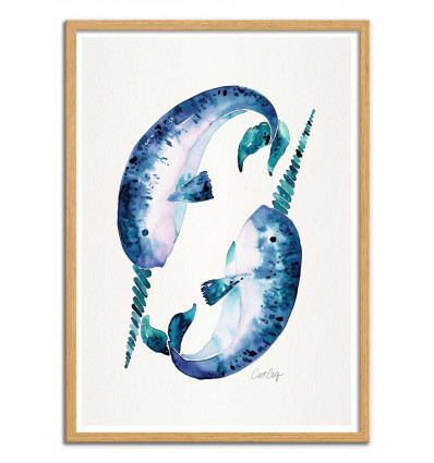 Art-Poster - Blue Narwhals - Cat Coquillette - Cadre bois chêne