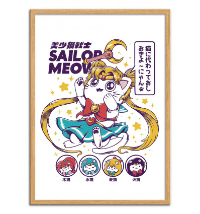 Art-Poster - Sailor Meow - Ilustrata - Cadre bois chêne