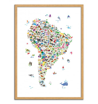 Art-Poster - Animal map of South America - Michael Tompsett - Cadre bois chêne