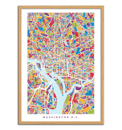 Art-Poster - Washington DC Colored Map - Michael Tompsett - Cadre bois chêne