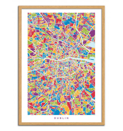 Art-Poster - Dublin colored map - Michael Tompsett - Cadre bois chêne