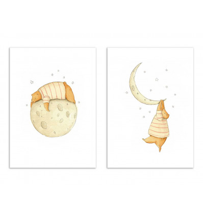 2 Art-Posters 30 x 40 cm - Duo Bear on the moon - Mike Koubou