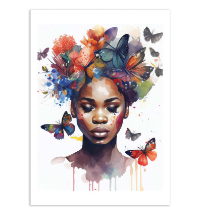 Art-Poster - Watercolor Butterfly African woman V3 - Chromatic fusion studio