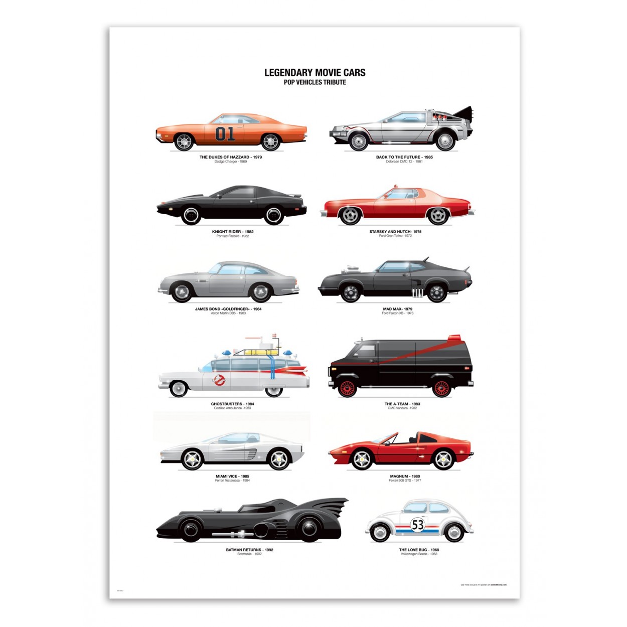 Affiche d'art - Legendary Movie Cars, par Olivier Bourdereau